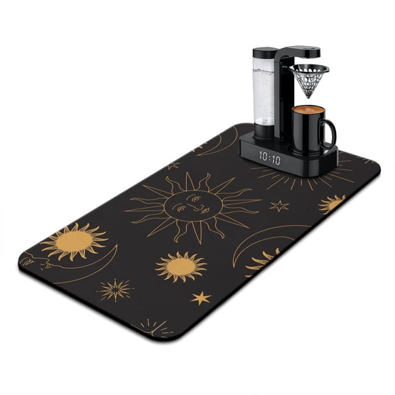 Dark Celestial Coffee Mat, Absorbent Dish Drying Pad with Gothic Moon & Star Patterns, Leak-Proof Non-Slip Kitchen Counter Mat for Coffee Bar Use