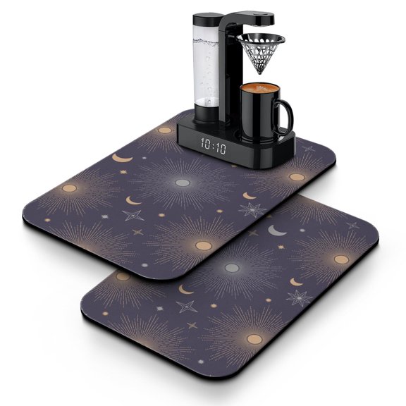 Dark Celestial Coffee Mat, Absorbent Dish Drying Pad with Gothic Moon & Star Patterns, Leak-Proof Non-Slip Kitchen Counter Mat for Coffee Bar Use