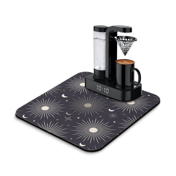 Dark Celestial Coffee Mat, Absorbent Dish Drying Pad with Gothic Moon & Star Patterns, Leak-Proof Non-Slip Kitchen Counter Mat for Coffee Bar Use