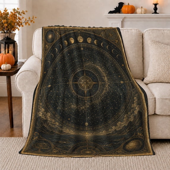 Dark Celestial Compass Map with Starry Arcs, Mystical Cartography Pattern for Travel Lovers, Housewarming Gift, Cozy Flannel Blanket for Study Room and Home Library, Gothic Home Decor