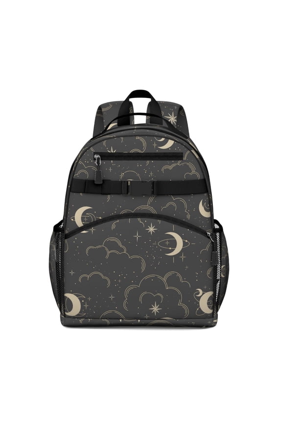 Dark Celestial Students Backpack with Gothic Astrology Sun and Moon Print, Cosmic Starry Night Design, Comfortable and Water-resistant for Students and Students