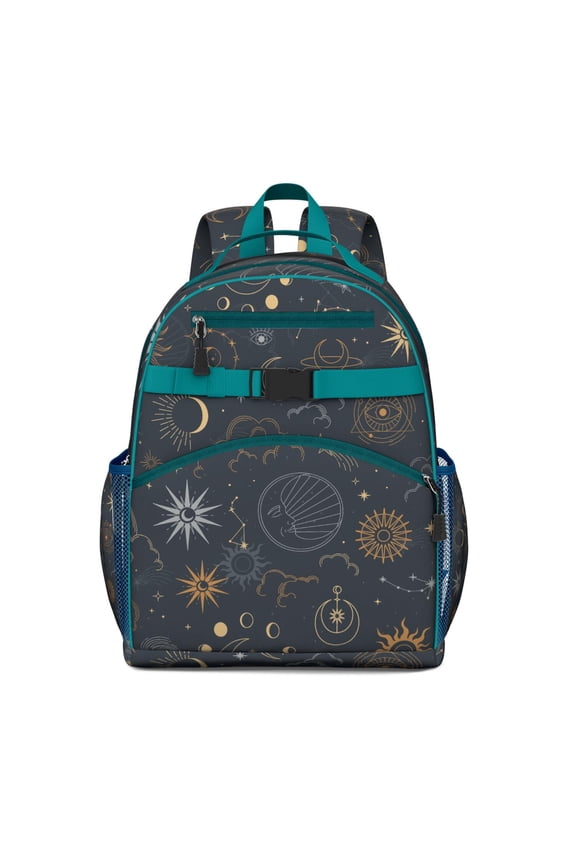 Dark Celestial Students Backpack with Gothic Astrology Sun and Moon Print, Cosmic Starry Night Design, Comfortable and Water-resistant for Students and Students