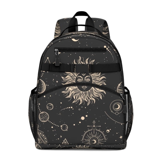 Dark Celestial Students Backpack with Gothic Moon, Star, and Solar Eclipse Design, Artistic Astral Pattern, Water-resistant and Comfortable for Travel and School