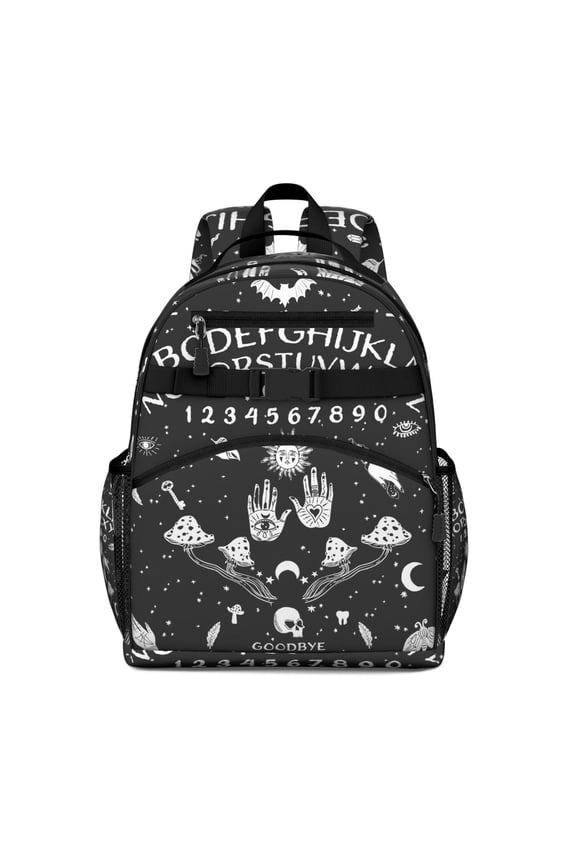Dark Celestial Students Backpack with Gothic Moon, Star, and Solar Eclipse Design, Artistic Astral Pattern, Water-resistant and Comfortable for Travel and School