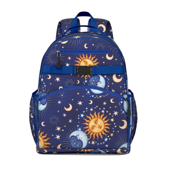 Dark Celestial Students Backpack with Gothic Moon, Sunburst, and Starry Night Print, Cosmic Astronomical Art Pattern, Durable and Water-resistant for Students