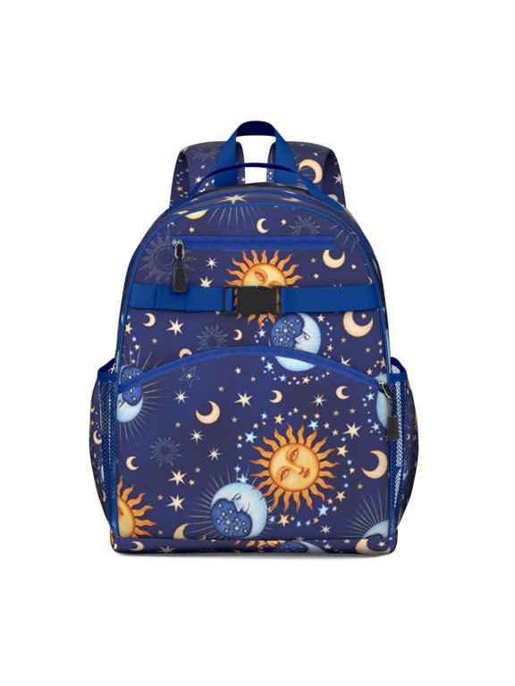 Students Backpack with Gothic Moon, Sunburst, and Starry Night Print, Cosmic Astronomical Art Pattern, Durable and Water-resistant for Students