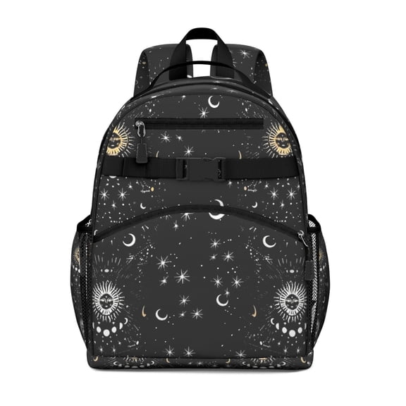 Dark Celestial Students Backpack with Gothic Moon, Sunburst, and Starry Night Print, Cosmic Astronomical Art Pattern, Durable and Water-resistant for Students