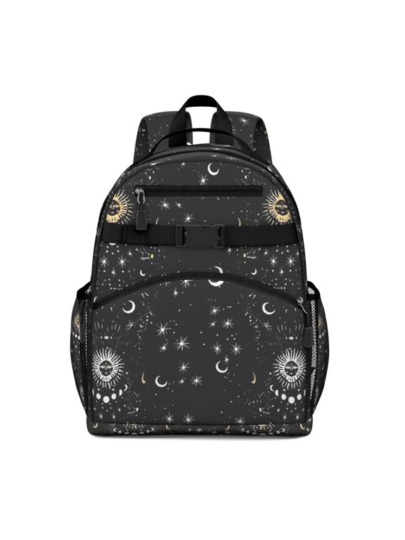 Dark Celestial Students Backpack with Gothic Moon, Sunburst, and Starry Night Print, Cosmic Astronomical Art Pattern, Durable and Water-resistant for Students