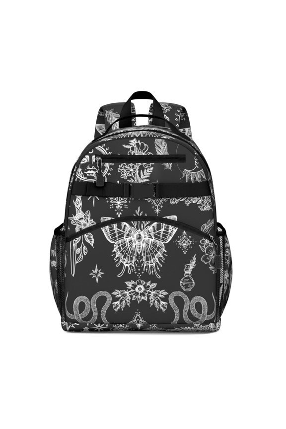 Dark Celestial Students Backpack with Gothic Moon, Sunburst, and Starry Night Print, Cosmic Astronomical Art Pattern, Durable and Water-resistant for Students