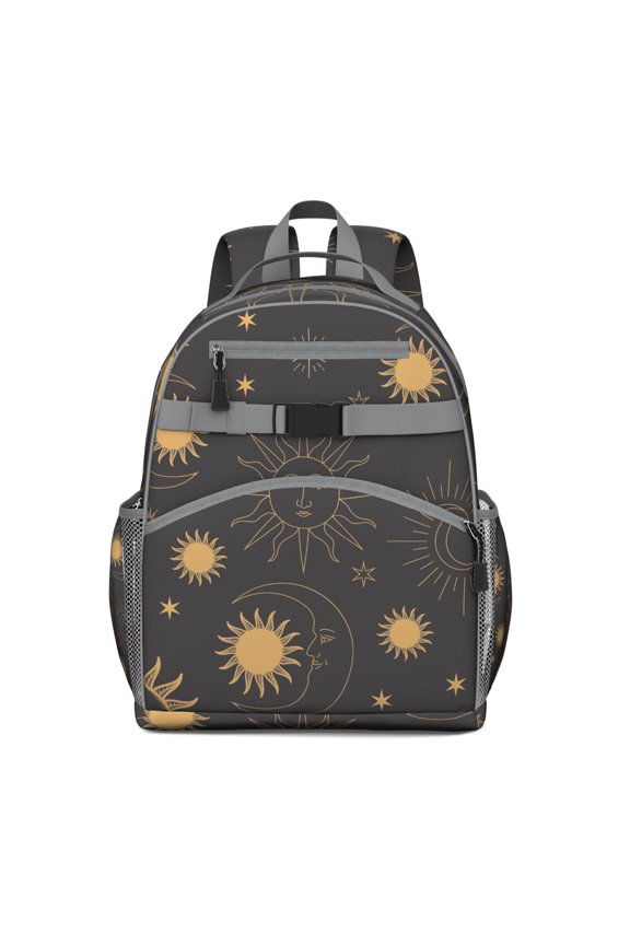 Dark Celestial Students Backpack with Witchy Astrology Moon and Star Print, Gothic Spiritual Cosmic Design, Water-resistant and Comfortable for Students