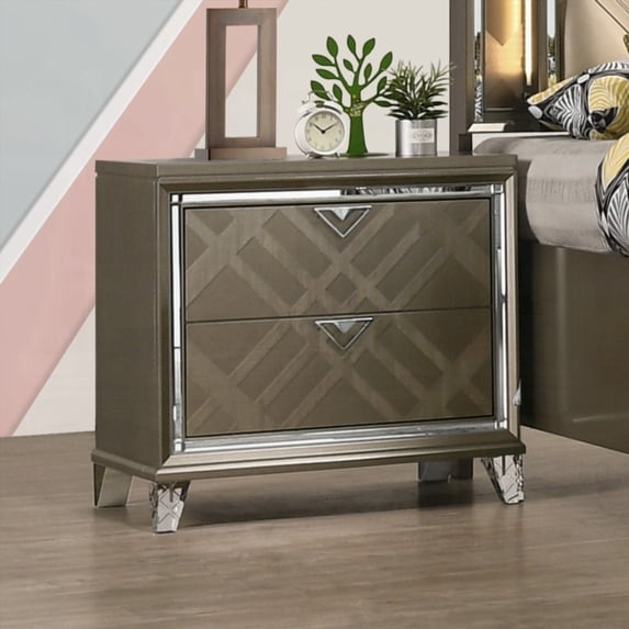 Dark Champagne 2-Drawer Nightstand for Bedroom - Modern Glam Style, Wooden with Acrylic