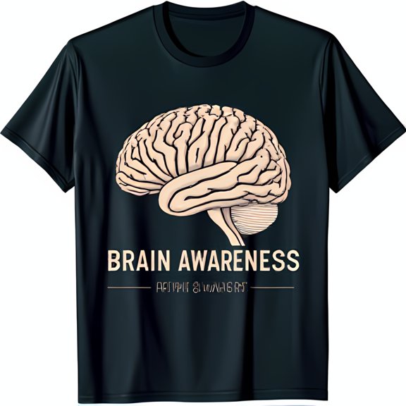 Dark Charcoal Brain Illustration T-Shirt Bold AWARENESS Design Collar