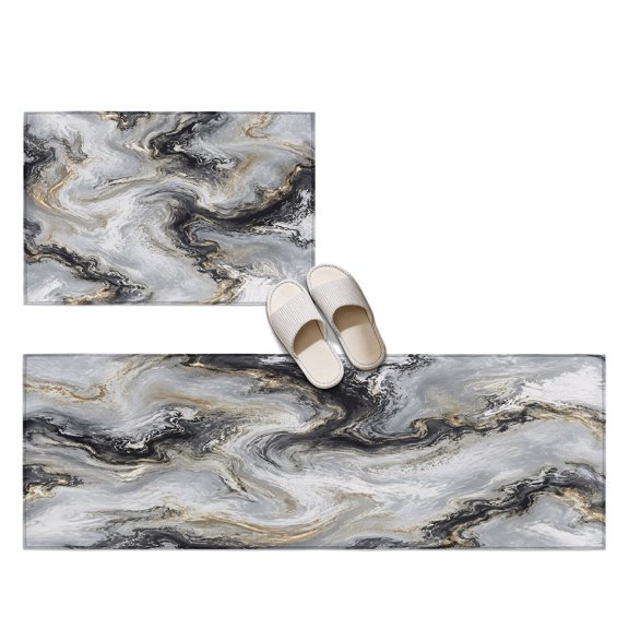 Dark Charcoal Marble 2 Pieces Non-Slip Kitchen Mat Set, Abstract Gold Black Gray Granite Swirl Wave Soft Door Mat with Rubber Backing, Dirtproof Rugs for Entrance Doorway, 23.6x35.4in+23.6x70.9in