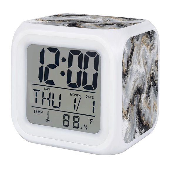 Dark Charcoal Marble Alarm Clock, Abstract Gold Black Gray Granite Swirl Wave Digital Clock Night Light with 7 Color, Calendar Temperature Display, LED Desk Small Clock for Bedrooms Living Room