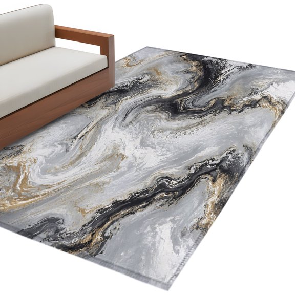 Dark Charcoal Marble Area Rug, Abstract Gold Black Gray Granite Swirl Wave Rectangular Non-Slip Absorbent Washable Area Rug Felt Rubber Backing Indoor Carpet for Bedroom Living Room 3x5ft
