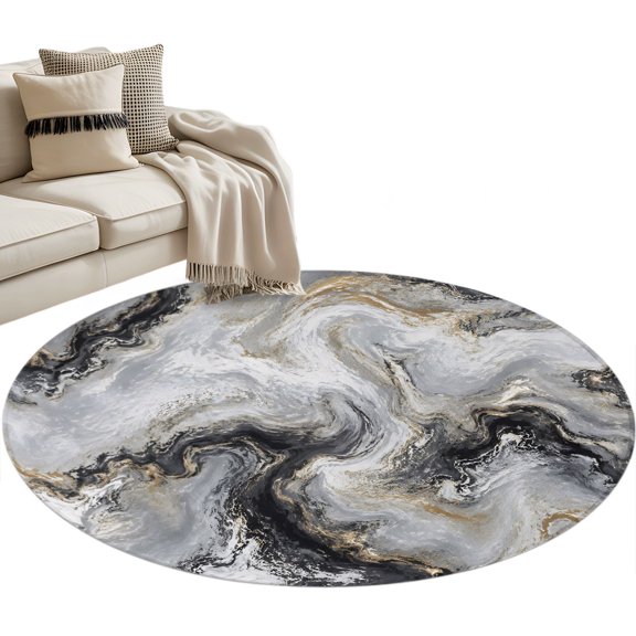 Dark Charcoal Marble Area Rug, Abstract Gold Black Gray Granite Swirl Wave Round Non-Slip Absorbent Washable Area Rug Felt Rubber Backing Indoor Carpet for Bedroom Living Room 3ft