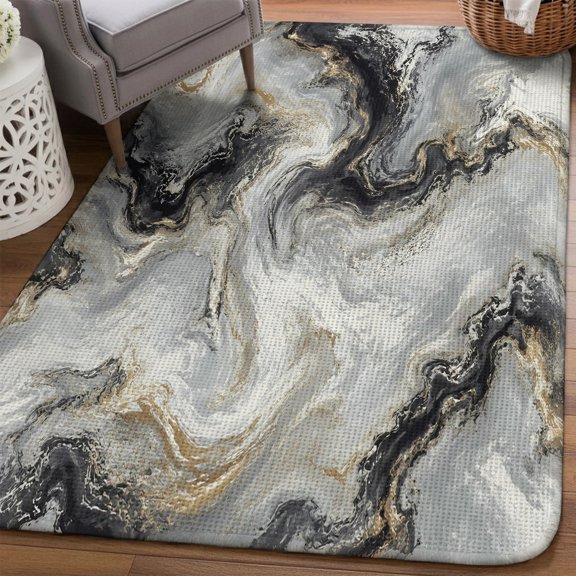 Dark Charcoal Marble Area Rugs for Living Room 5x6, Abstract Gold Black Gray Granite Swirl Wave Washable Area Rug Non Slip, Stain Resist Linen Carpet for Bedroom, Dining Room, Entryway, Entrance