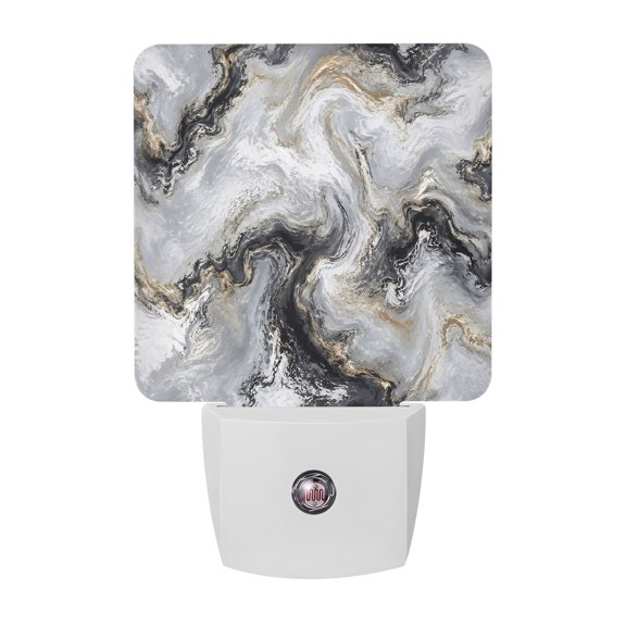 Dark Charcoal Marble Night Lights, Abstract Gold Black Gray Granite Swirl Wave Smart Auto Dusk to Dawn Sensor Nightlights Plug-in Nightlight for Bedroom Bathroom Living Room Kitchen Hallway