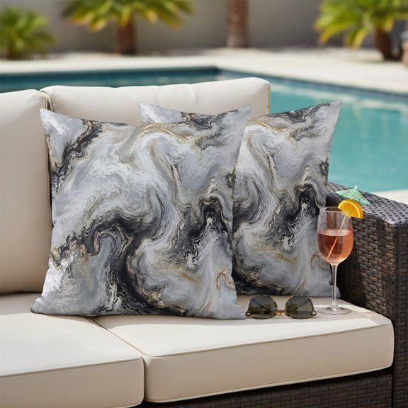 Dark Charcoal Marble Outdoor Throw Pillow Covers Set of 2, Abstract Gold Black Gray Granite Swirl Wave Waterproof Pillow Covers Protectors with Hidden Zipper for Garden Couch Bench 16x16in