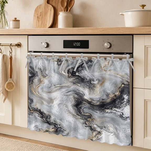 Dark Charcoal Marble Oven Skirt Curtain for Door Abstract Gold Black Gray Granite Swirl Wave Stove Cover with Ruffled Trim & Ribbon Ties, Appliance Cover for Dishwasher Cabinet 30x21.5 Inch