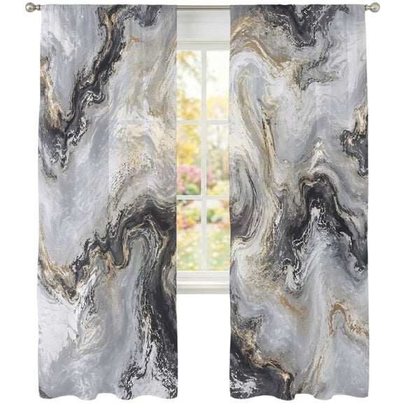 Dark Charcoal Marble Sheer Curtains 84 Inches Long 2 Panels, Abstract Gold Black Gray Granite Swirl Wave Semi Sheer Rod Pocket Window Curtains Light Filtering Drapes for Living Room Bedroom