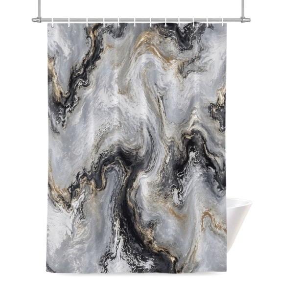 Dark Charcoal Marble Shower Curtain, Abstract Gold Black Gray Granite Swirl Wave Waterproof Shower Curtain Set with 12 Hooks Lightweight Bath Curtains Fabric Bathroom Decor 36x72 Inches