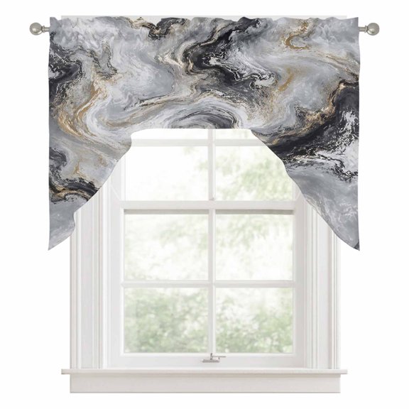 Dark Charcoal Marble Swag Valance for Windows, Abstract Gold Black Gray Granite Swirl Wave Swag Curtains Valances for Small Window Treatment Rod Pocket for Kitchen Bathroom 1 Panel 56x36in