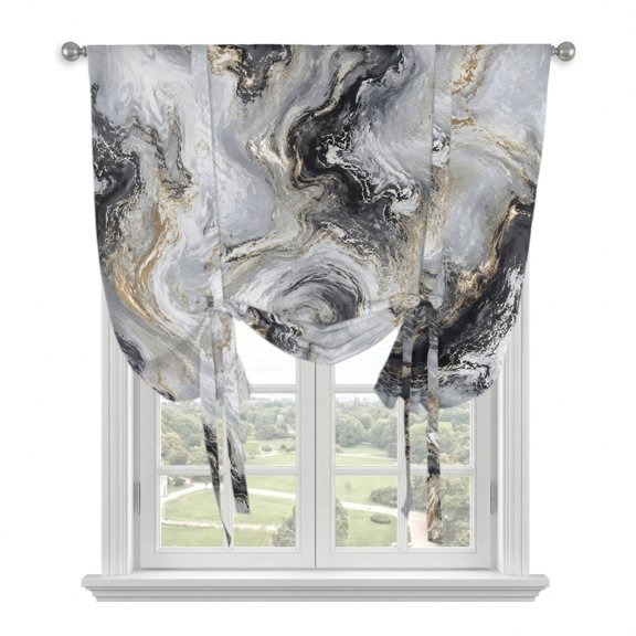 Dark Charcoal Marble Tie Up Balloon Window Curtain 52W x 63L Inch, Abstract Gold Black Gray Granite Swirl Wave Rod Pocket Adjustable Tie Up Curtains Small Kitchen Sink Curtains for Cafe Bedroom