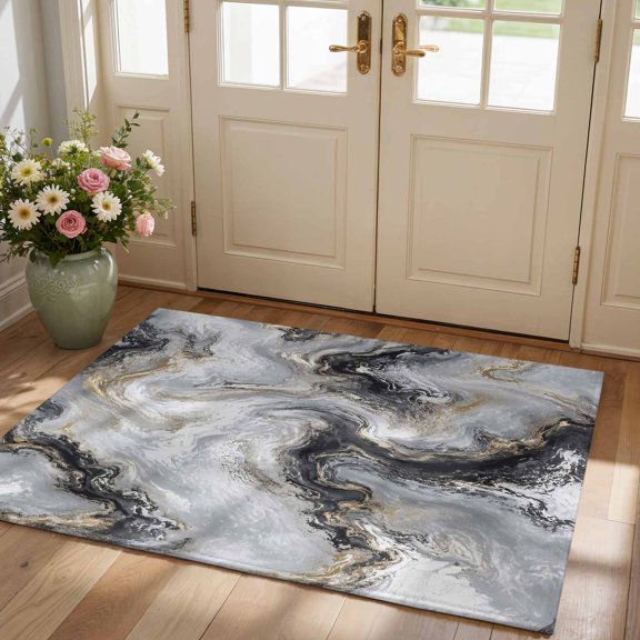 Dark Charcoal Marble Washable 2x3 Entryway Rug, Ultra-Thin Abstract Gold Black Gray Granite Swirl Wave Door Mat Indoor Entrance, Non Slip, Low Pile Floor Carpet for Kitchen Bathroom Bedroom