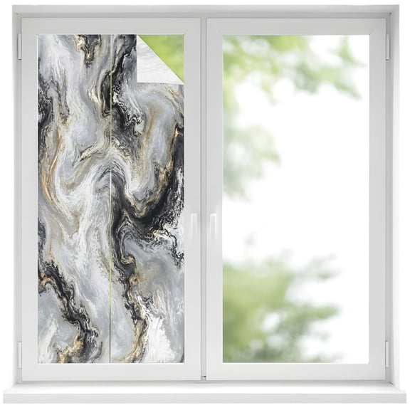Dark Charcoal Marble Window Privacy Film 19.6x39.3in Abstract Gold Black Gray Granite Swirl Wave Decorative Window Film with Static Cling, UV Filtering Window Cling Privacy Film for Glass Doors