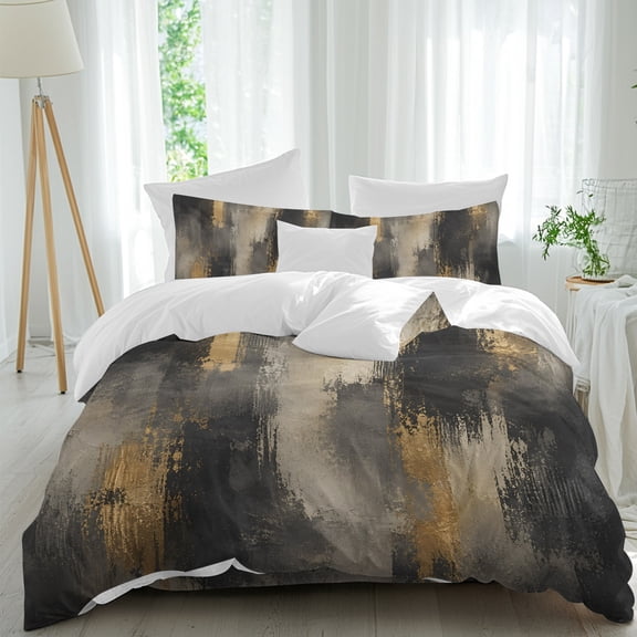 Dark Charcoal Shadows California King Duvet Cover Set, Abstract Metallic Gold Veins Farmhouse 4 Piece Microfiber Bedding Set with Zipper Closure, Bed Sheet and 2 Pillow Shams, Soft Bedding Cover