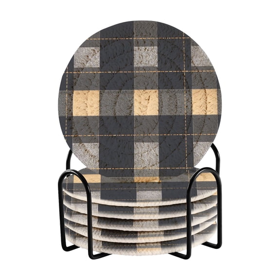 Dark Checkered Pattern Bar Coasters 6 Pack Braided Coasters with Holder Absorbent Heat Resistant