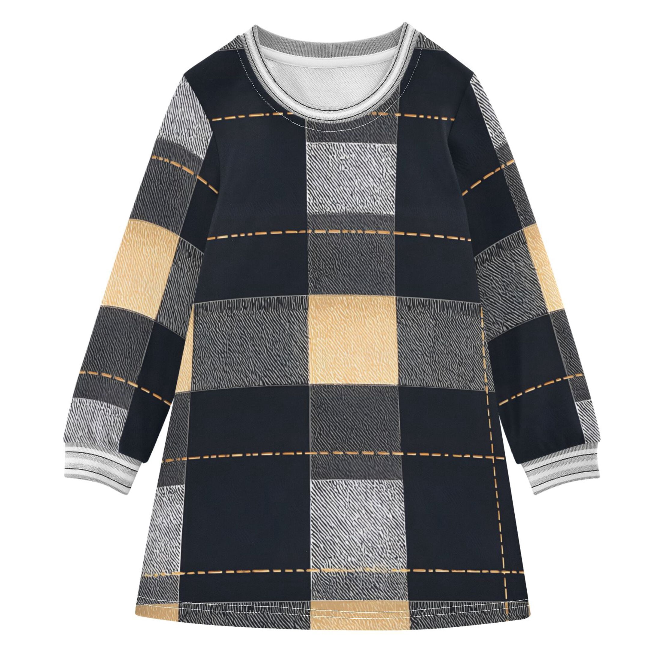 Dark Checkered Pattern Girls'long-sleeved dress Thickened A-dress Warm ...