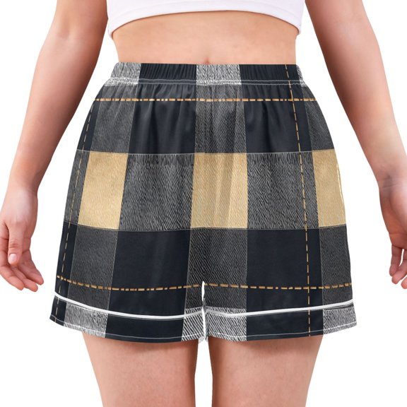 Dark Checkered Pattern Women's Pajama Shorts Silky Satin Casual Lounge Sleep Zero Pressure