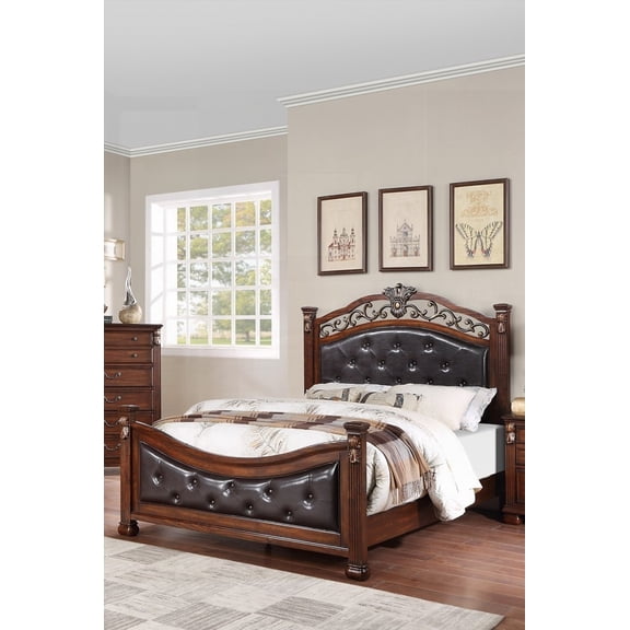 Dark Cherry 1pc California King Size Bedframe in Traditional Style with Tufted Faux Leather