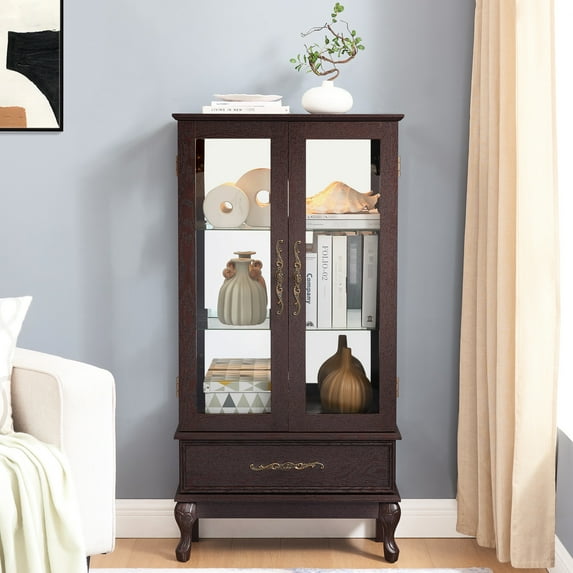 Dark Cherry Curio Cabinet, Adjustable Shelf Layouts, 2 Doors, 1 Drawer, Lighted, Vintage Metal Article Of Furniture Display Cabinet With - Cherry, Designs, Size