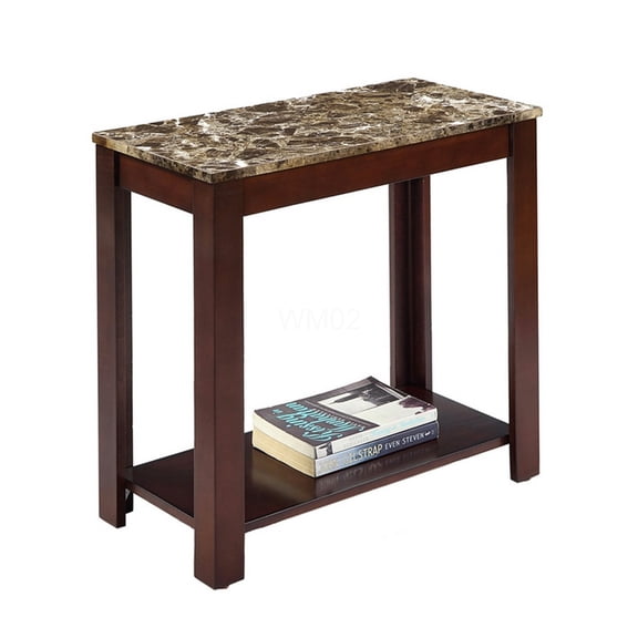 Dark Cherry End Table with Marble Print Top, 24 Inch Wooden Accent Table for Living Room