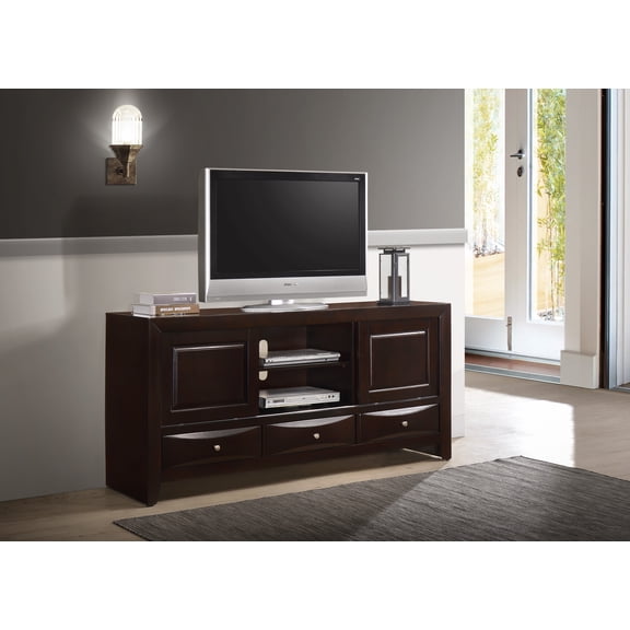 Dark Cherry Finish Wood TV Stand with 3 Drawers and Open Shelf