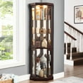 thumbnail image 1 of Dark Cherry Living Room Curio - Corner Glass Display Case With Adjustable Shelves And Integrated Fixture Cabinet, 1 of 6