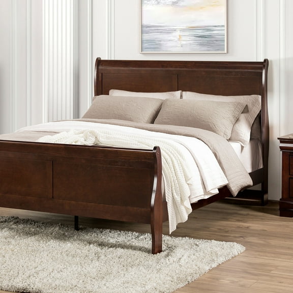 Dark Cherry Louis Philippe Sleigh Queen Bed Frame - Solid Wood & Veneer, Transitional Style, Bedroom Furniture, 62.5"W, Box Spring Required, Perfect for Master Suite