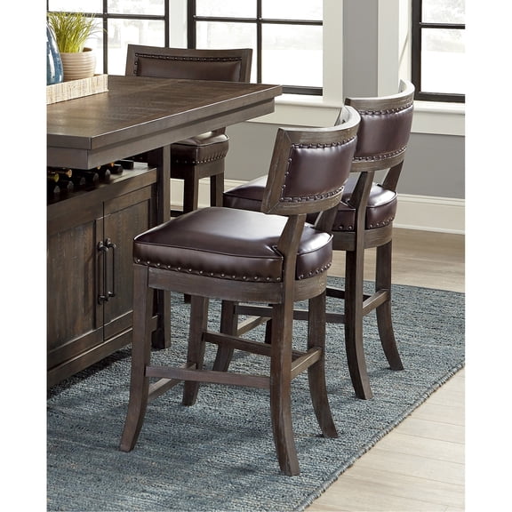 Dark Cherry Rustic Counter Height Chairs, Of 2, Wood Frame, Faux Leather Seat Chairs (2), Upholstered