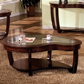 Dark Cherry Solid Wood Coffee Table with Tempered Glass Top and Open Bottom Shelf