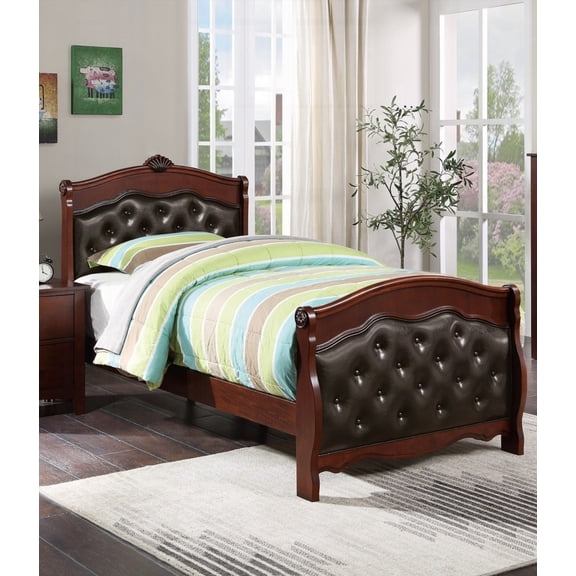 Dark Cherry Twin Size Bed with Espresso Faux Leather Headboard and Footboard, Made of Plywood