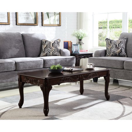 Dark Cherry Wood Coffee Table With Ornate Designs And A Classic Flair Finish Details Subtle Elegance