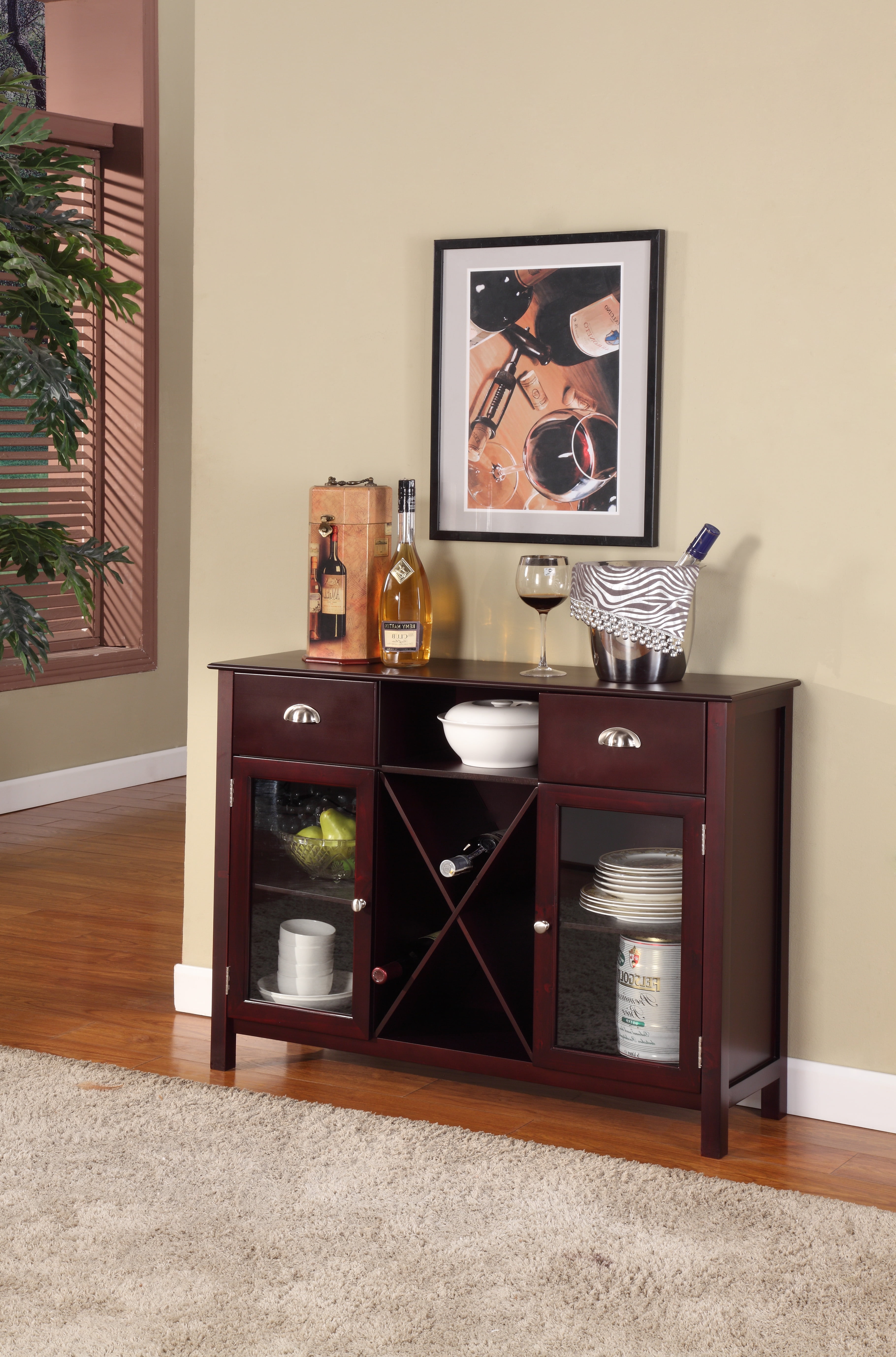 Black Cherry Buffet with Storage Coffee Bar Cabinet Wine Racks