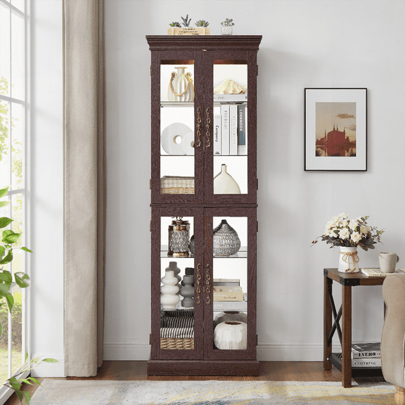 Dark Cherry Wood Lighted Glass Curio Cabinet - Display & Storage for Living Room, Kitchen, Pantry with Included Bulb