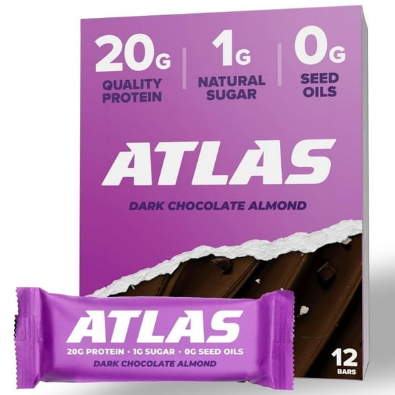 Atlas Protein Bar, Dark Chocolate Almond, 20g Protein, 1g Sugar, 0g Seed Oil, 12-Pack