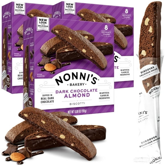 Dark Chocolate Almond Biscotti Italian Cookies - 3 Boxes Dark Chocolate Cookies - Biscotti Individually Wrapped Cookies - Italian Biscotti Cookies w/Bittersweet Chocolate & Almonds - 6.88 oz