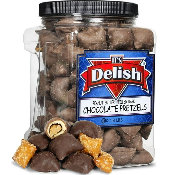 Dark Chocolate Covered Peanut Butter Pretzels by Its Delish, 1.8 LBS Jumbo Container Bulk Gourmet Chocolate Coated Pretzel Nuggets Filled with PeanutButter Bites Awesome Candy Snack, Vegan, Kosher
