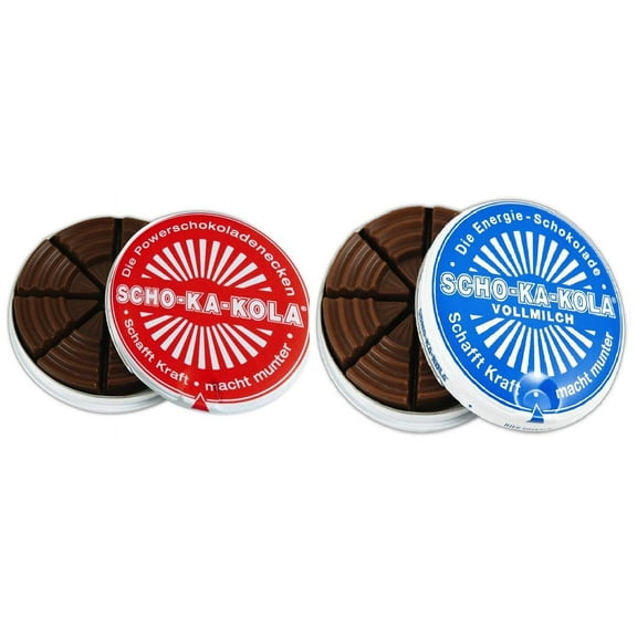 Dark Chocolate and Milk Chocolate SCHO-KA-KOLA with natural Caffeine from Cocoa, Cola-Nut-Powder and Coffee 2 tins x 100 g / Germany